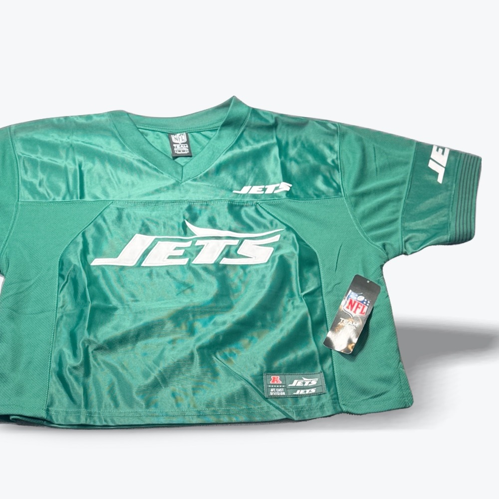 NFL Team Apparel New York Jets Cropped Jersey Green Mesh V-Neck Shirt‎ Large NEW